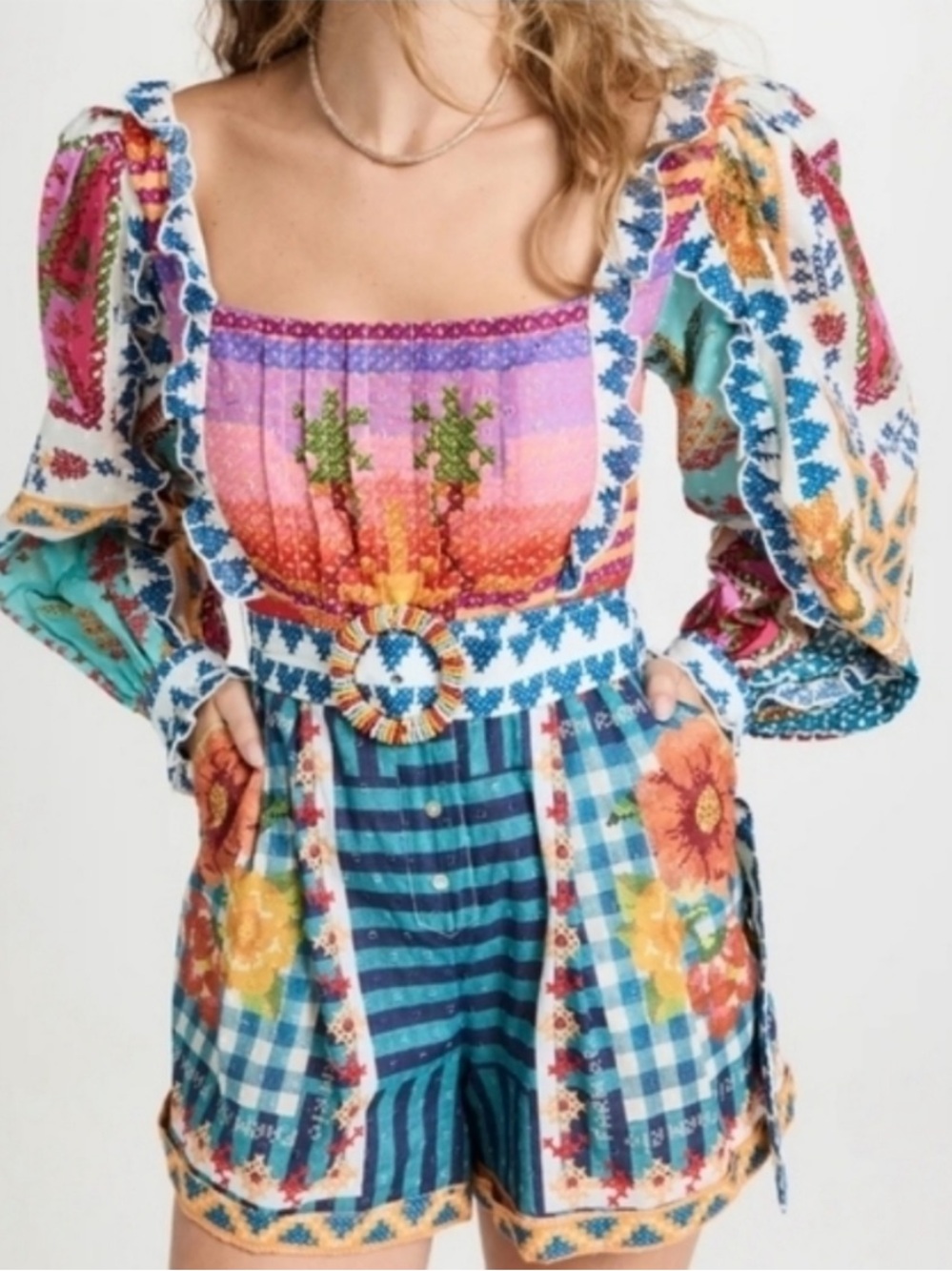 NWT Farm Rio Colorful Patchwork Belted Romper with Ruffled Square Neck